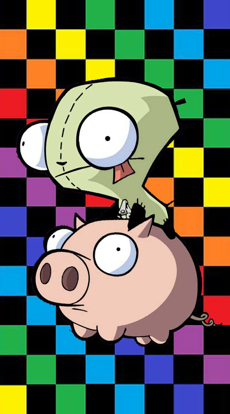 A Cartoon Character And A Pig On A Colorful Checkered Background Background