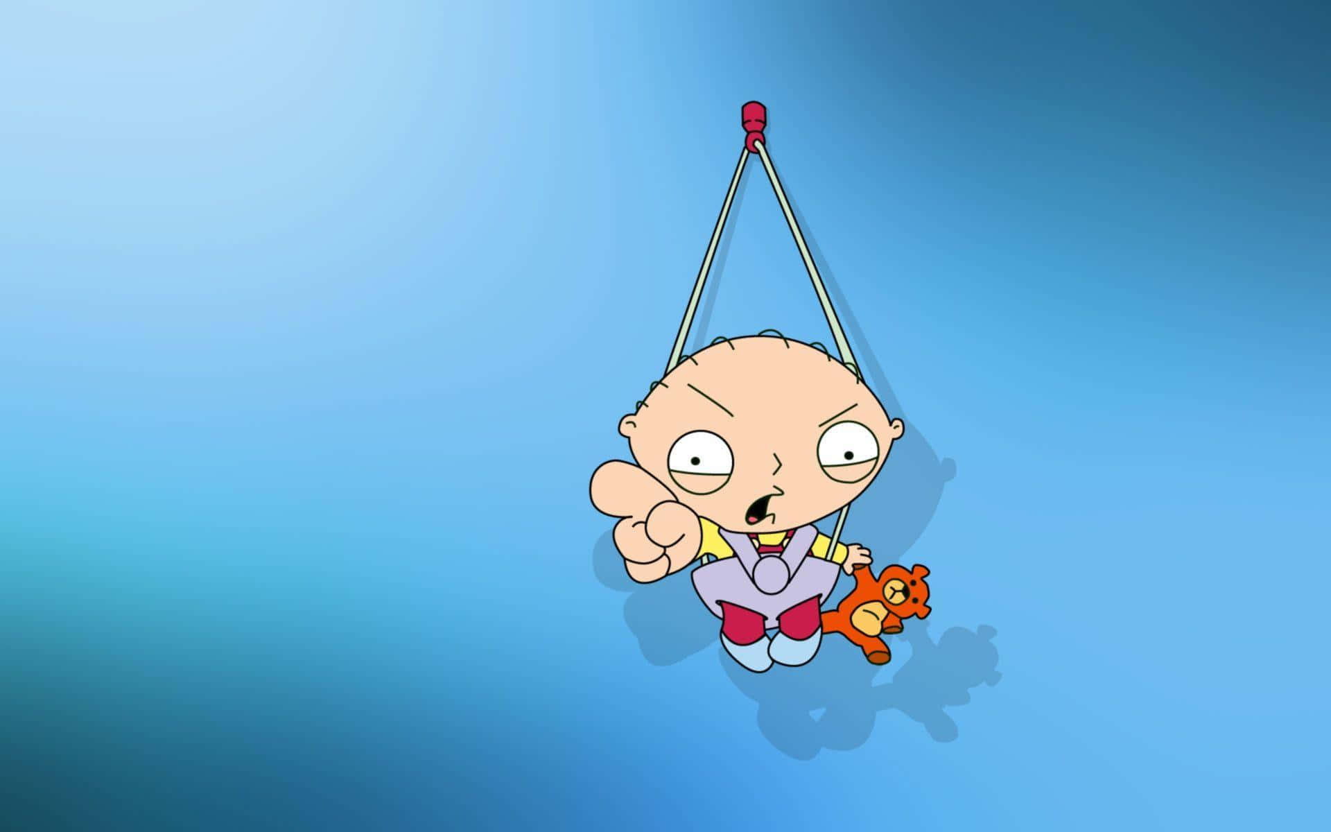 A Cartoon Character Hanging From A String Background