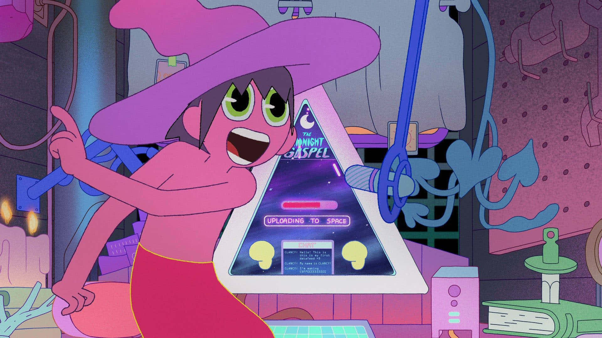 A Cartoon Character In A Pink Hat Is Standing In Front Of A Computer Background