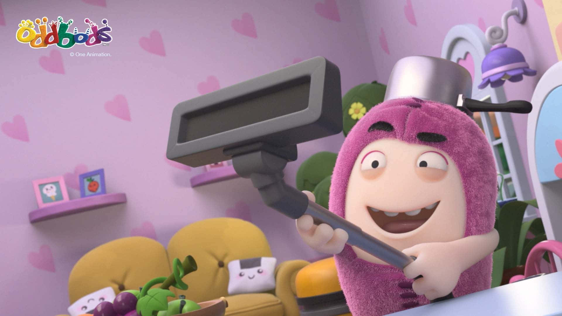A Cartoon Character Is Holding A Vacuum Cleaner Background