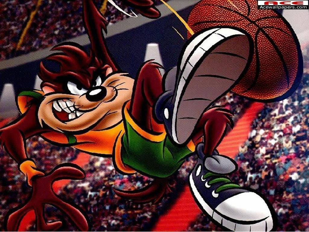 A Cartoon Character Is Jumping Into The Air And Kicking A Basketball