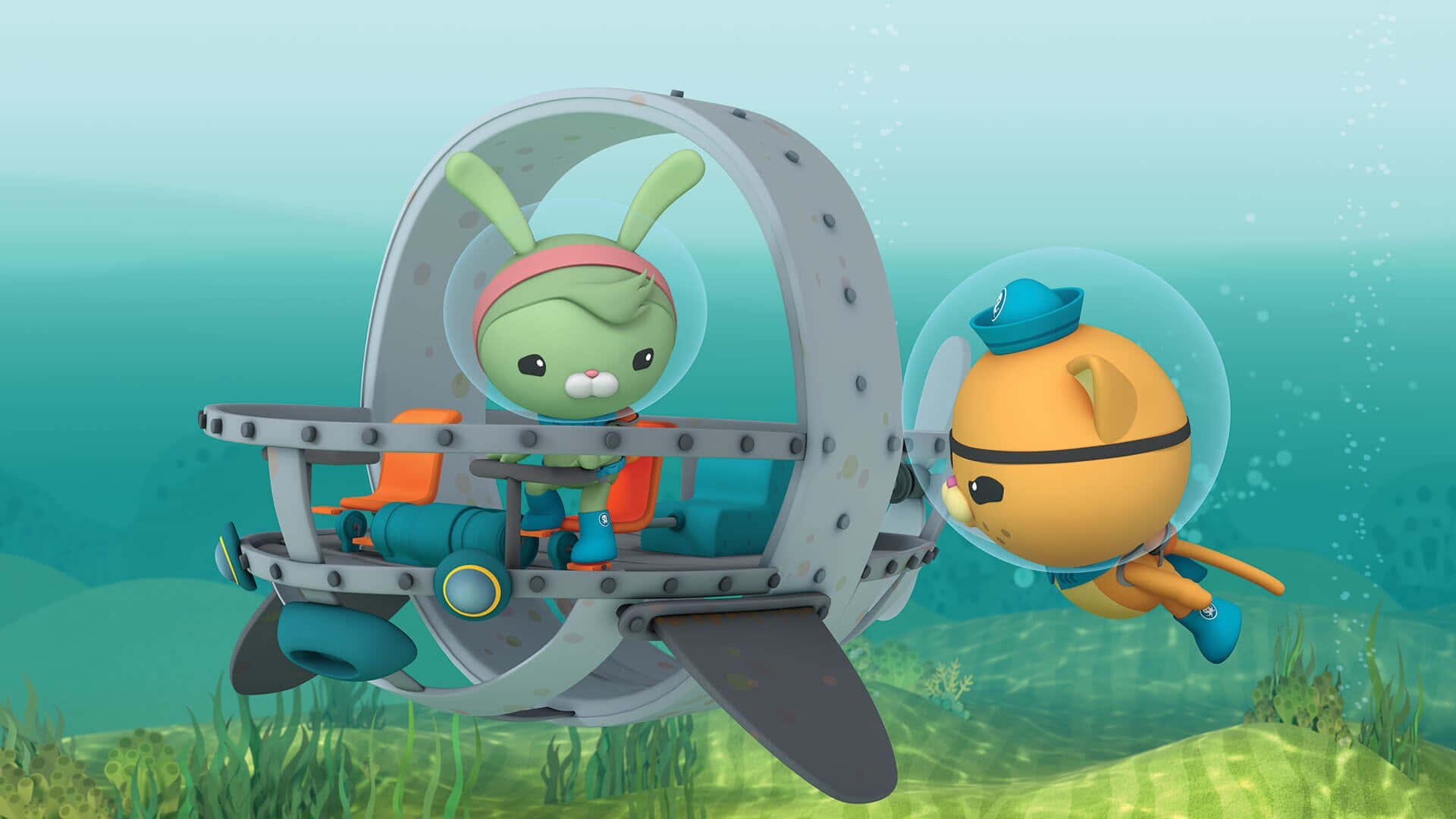 A Cartoon Character Is Riding A Submarine Background