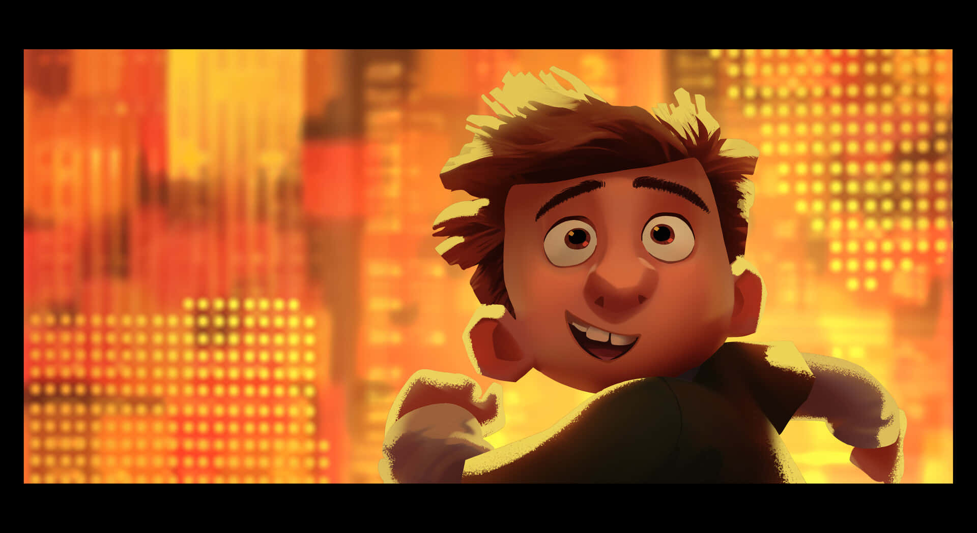 A Cartoon Character Is Running In Front Of A City Background