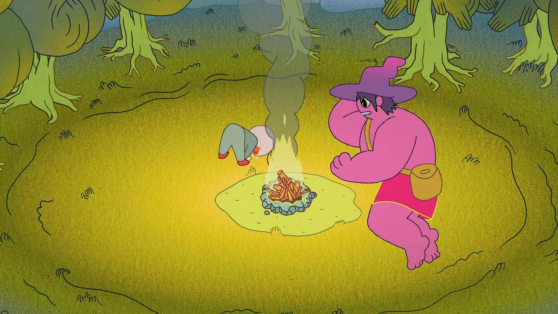 A Cartoon Character Is Sitting Around A Campfire In The Woods Background