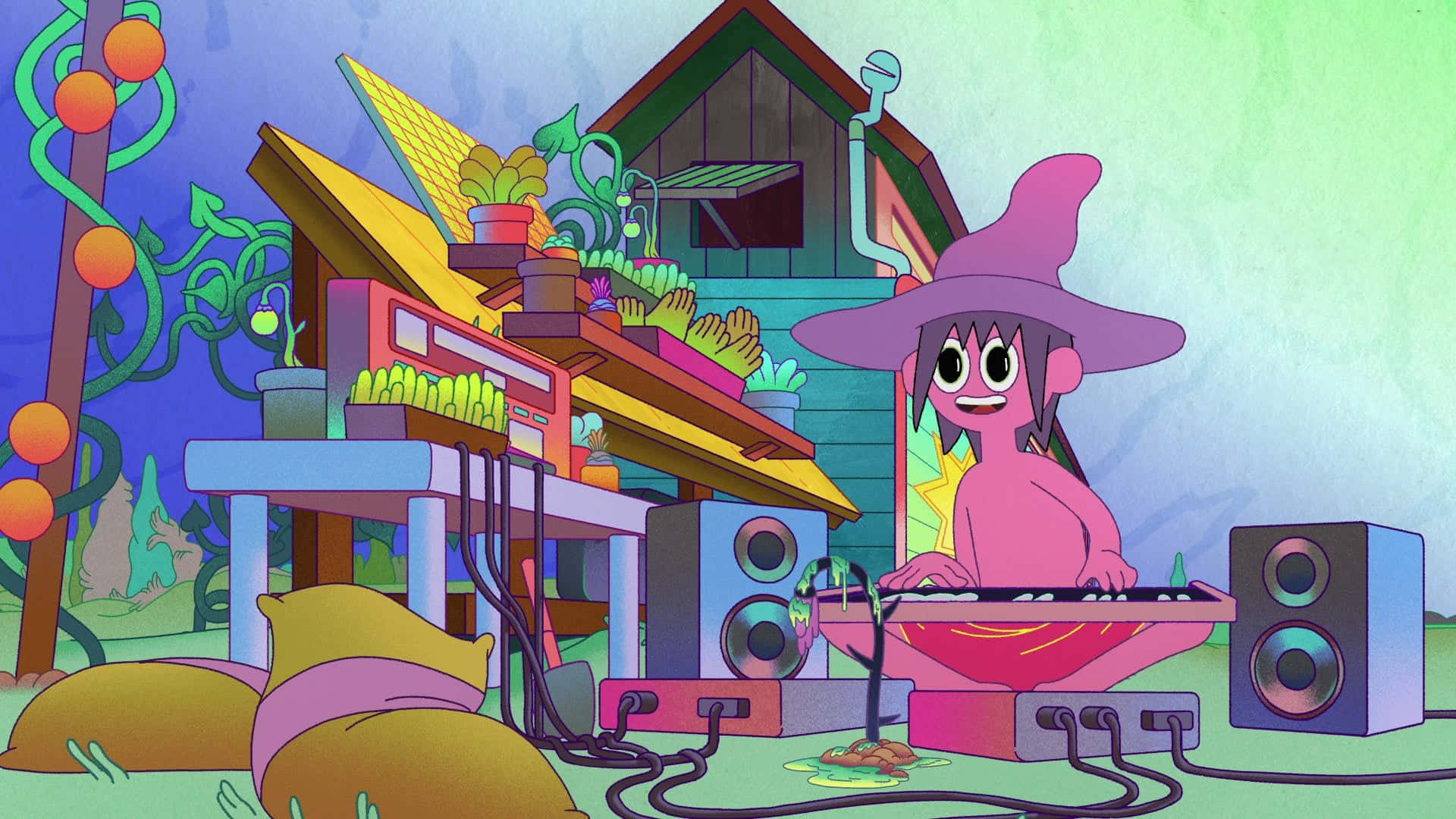 A Cartoon Character Is Sitting In Front Of A House Background