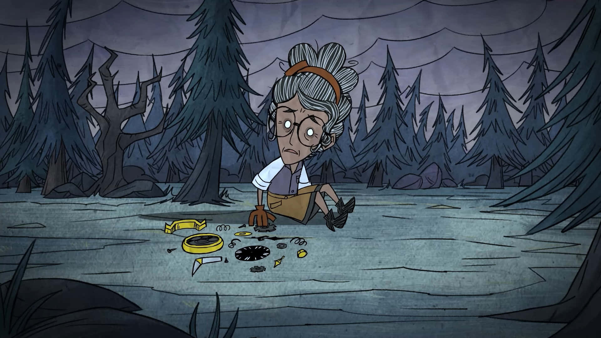 A Cartoon Character Is Sitting In The Woods With A Knife Background
