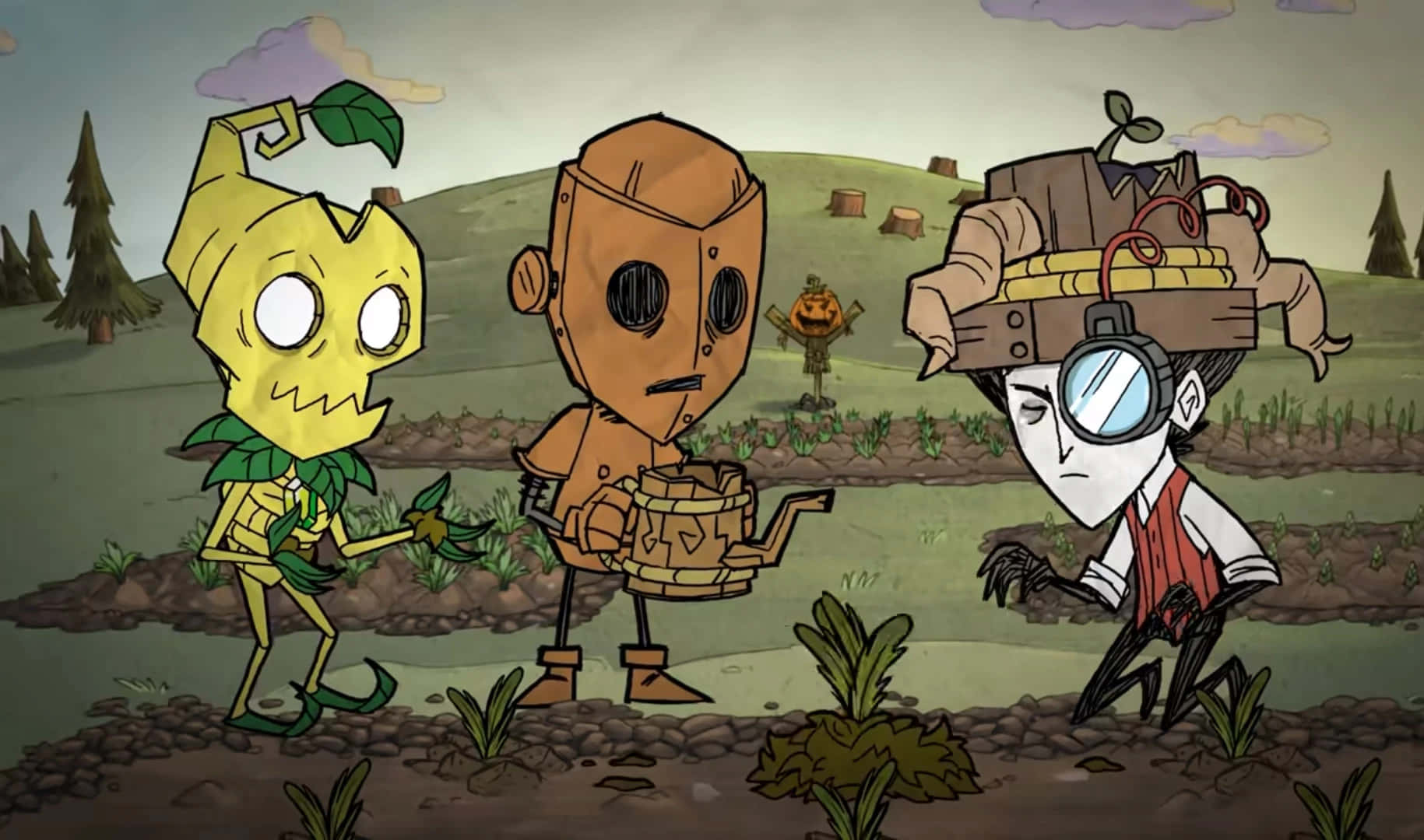 A Cartoon Character Is Standing In A Field With A Pumpkin Background