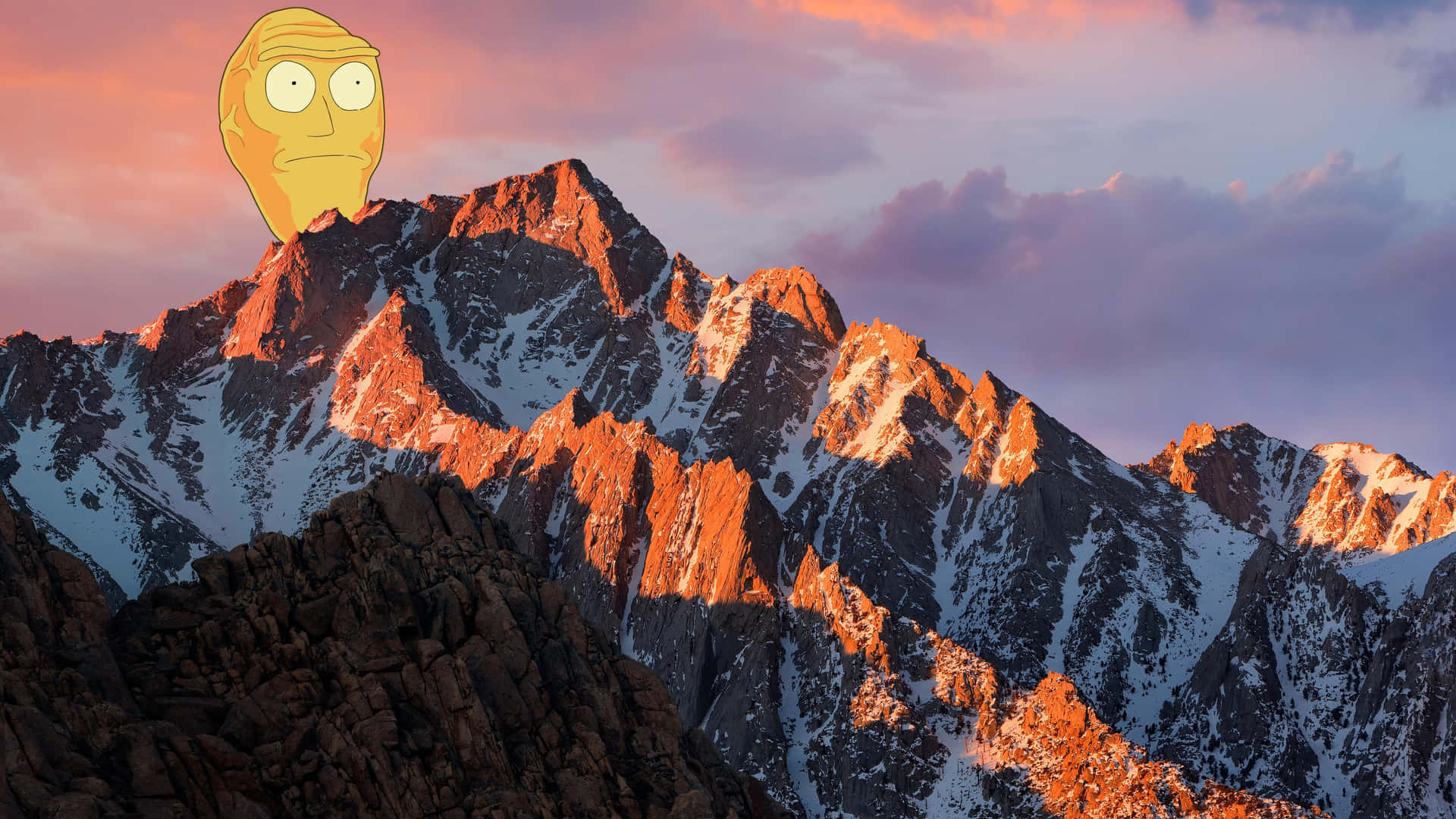 A Cartoon Character Is Standing On Top Of A Mountain Background