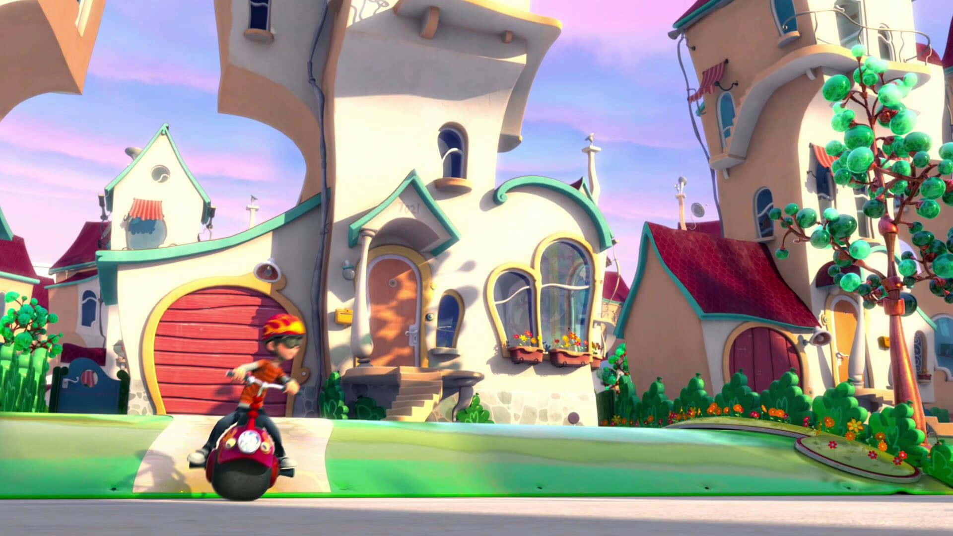 A Cartoon Character Riding A Bike In Front Of A City Background