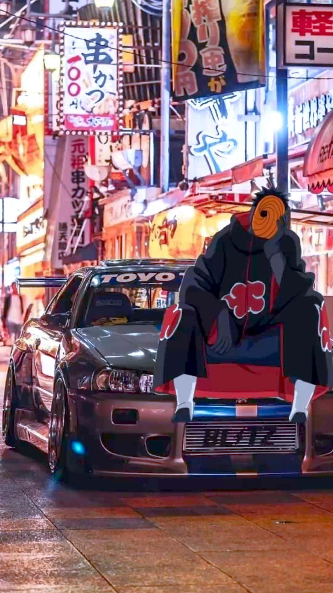 A Cartoon Character Sitting On A Car In A City Background
