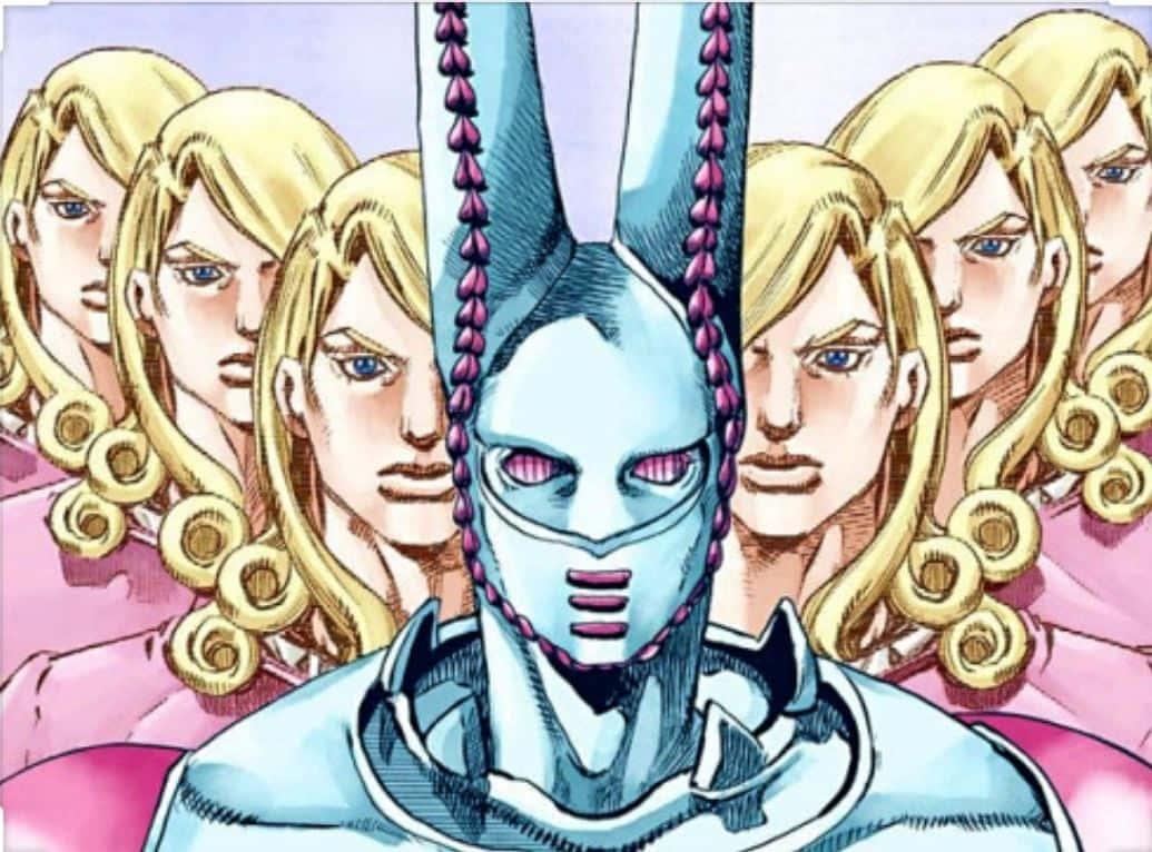 A Cartoon Character With A Pink Head And A Group Of Women Background