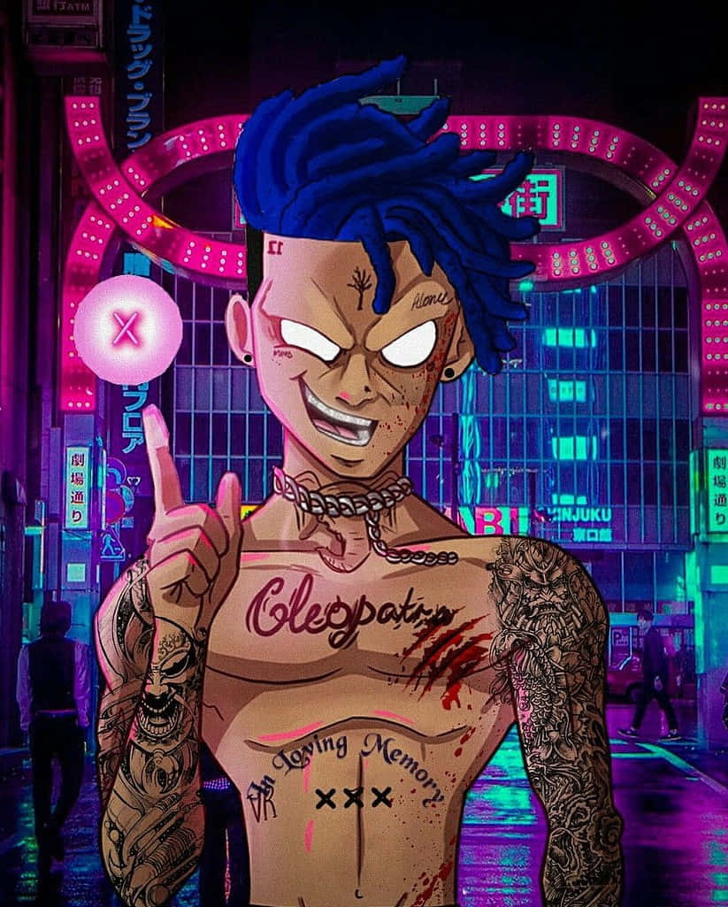 A Cartoon Character With Blue Hair And Tattoos In A Neon City Background