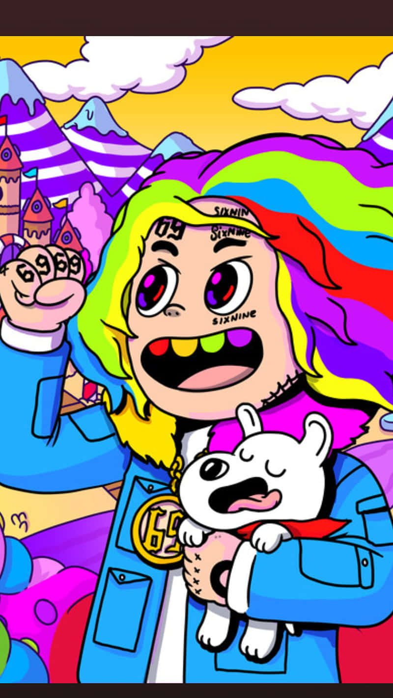 A Cartoon Character With Colorful Hair And A Dog Background