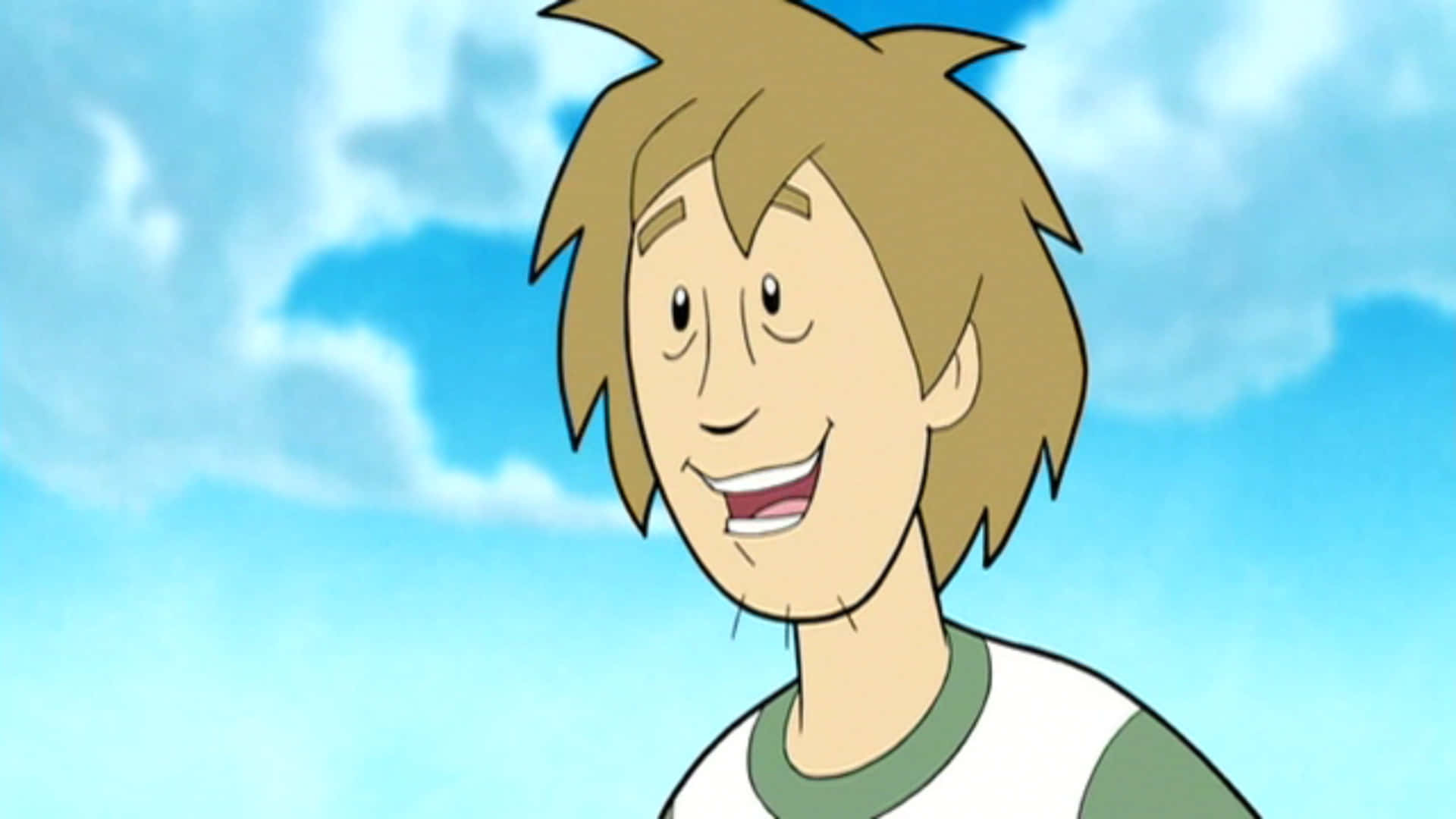 A Cartoon Character With Long Hair And A Green Shirt Background