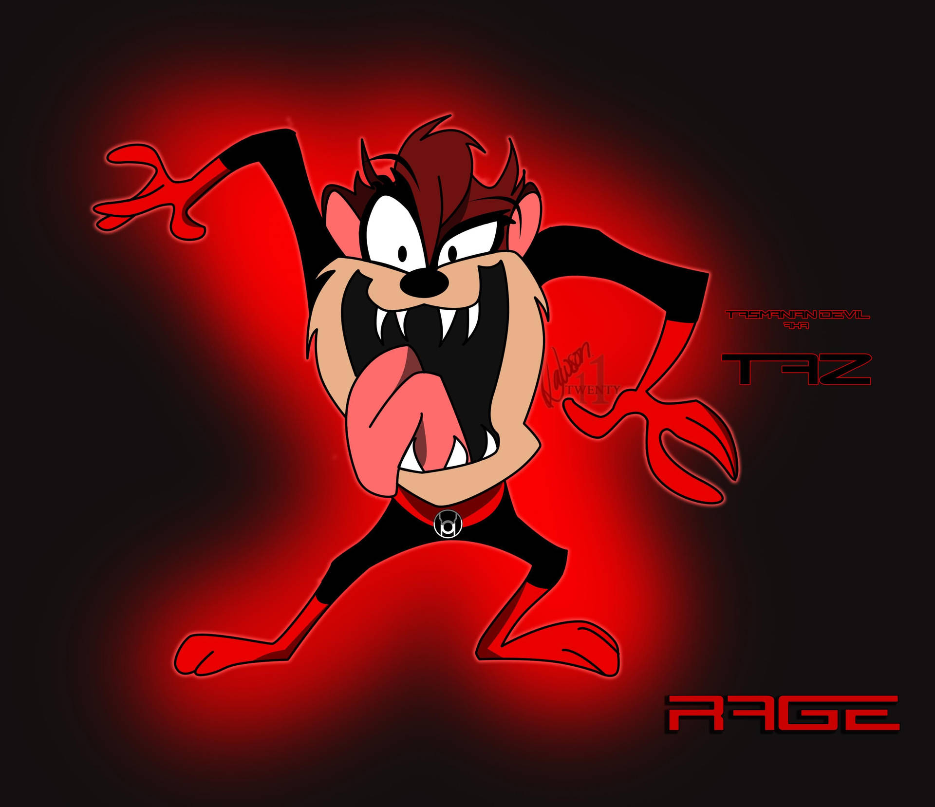 A Cartoon Character With Red Eyes And A Red Mouth Background