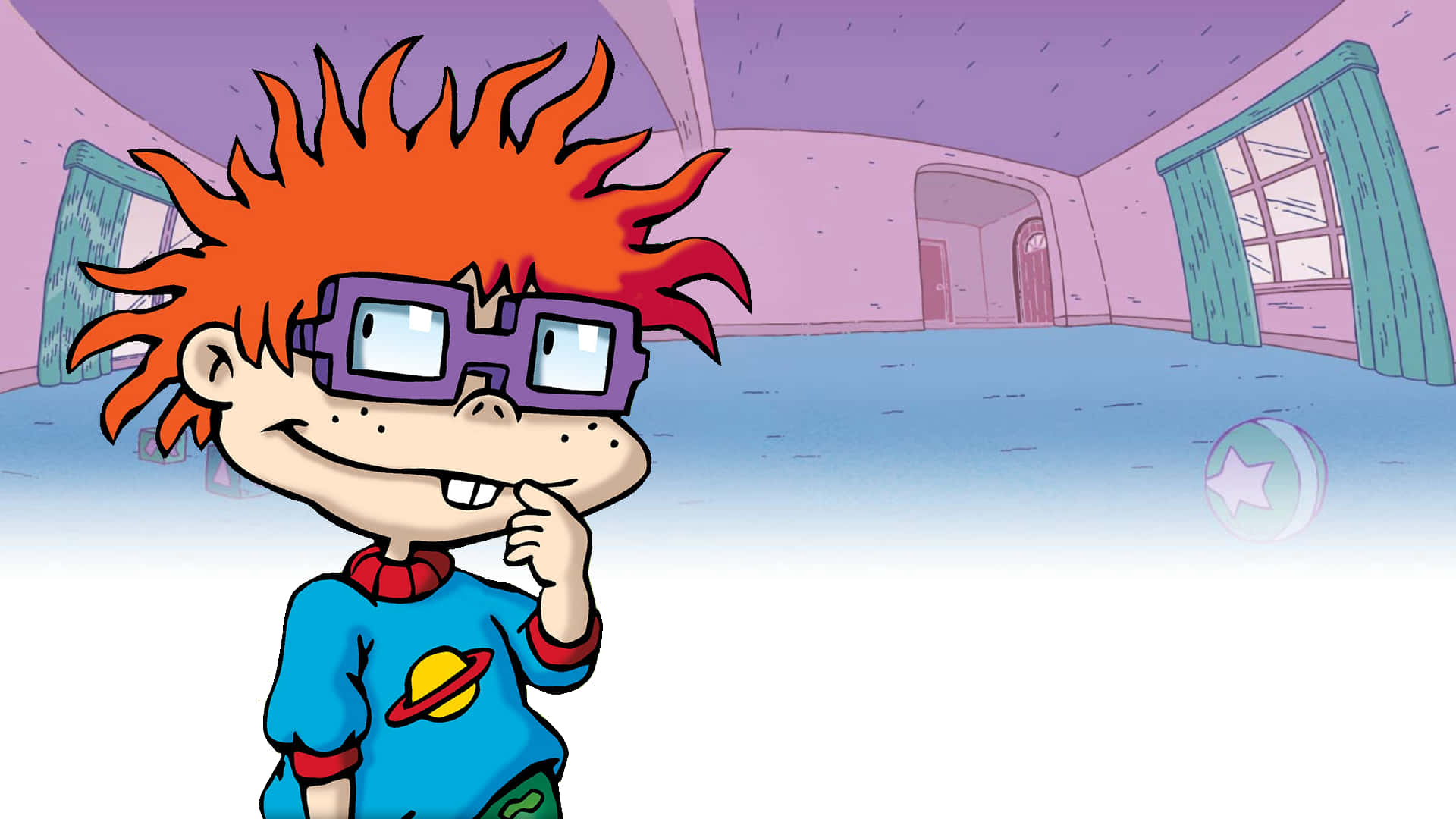 A Cartoon Character With Red Hair And Glasses Standing In A Room