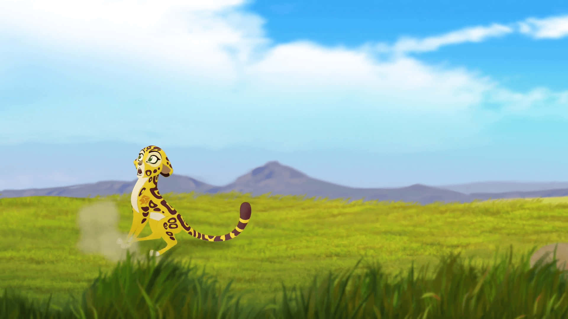 A Cartoon Cheetah Is Running In The Grass Background