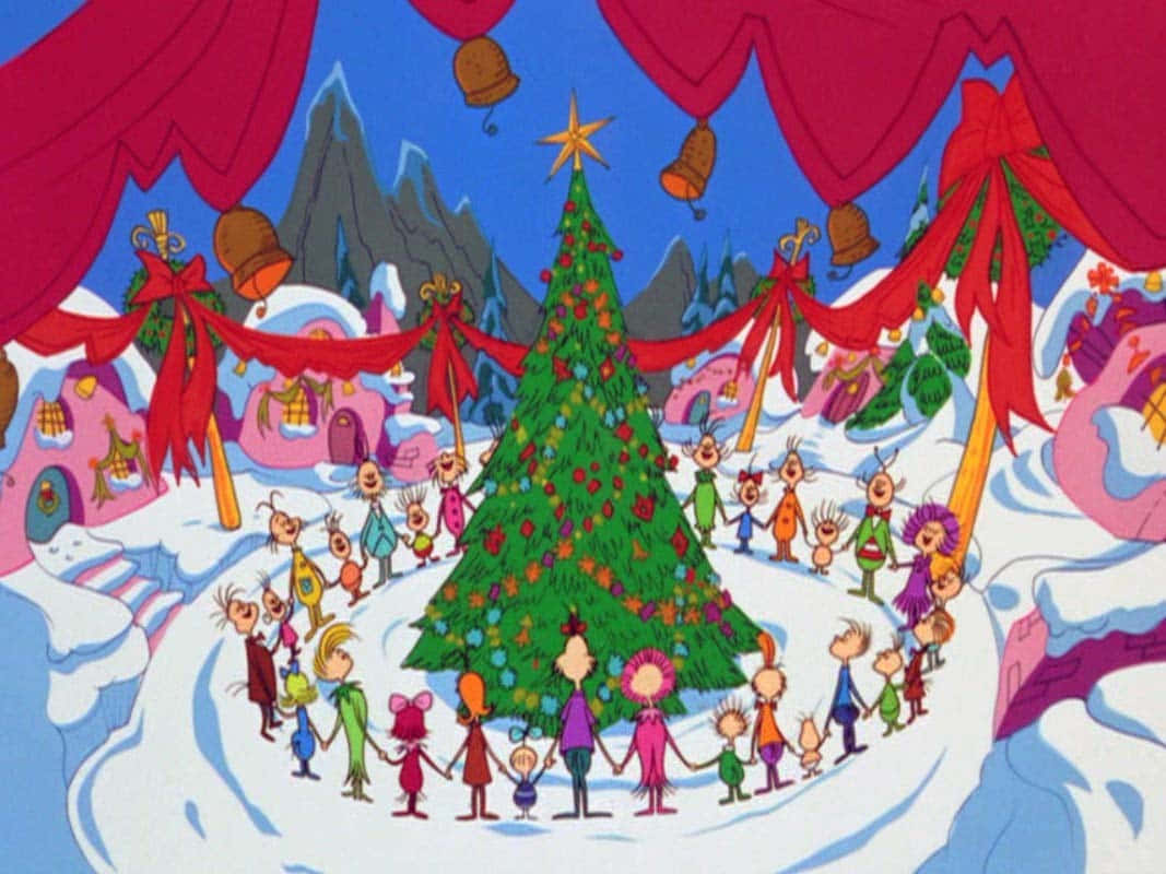A Cartoon Christmas Tree With People Around It Background