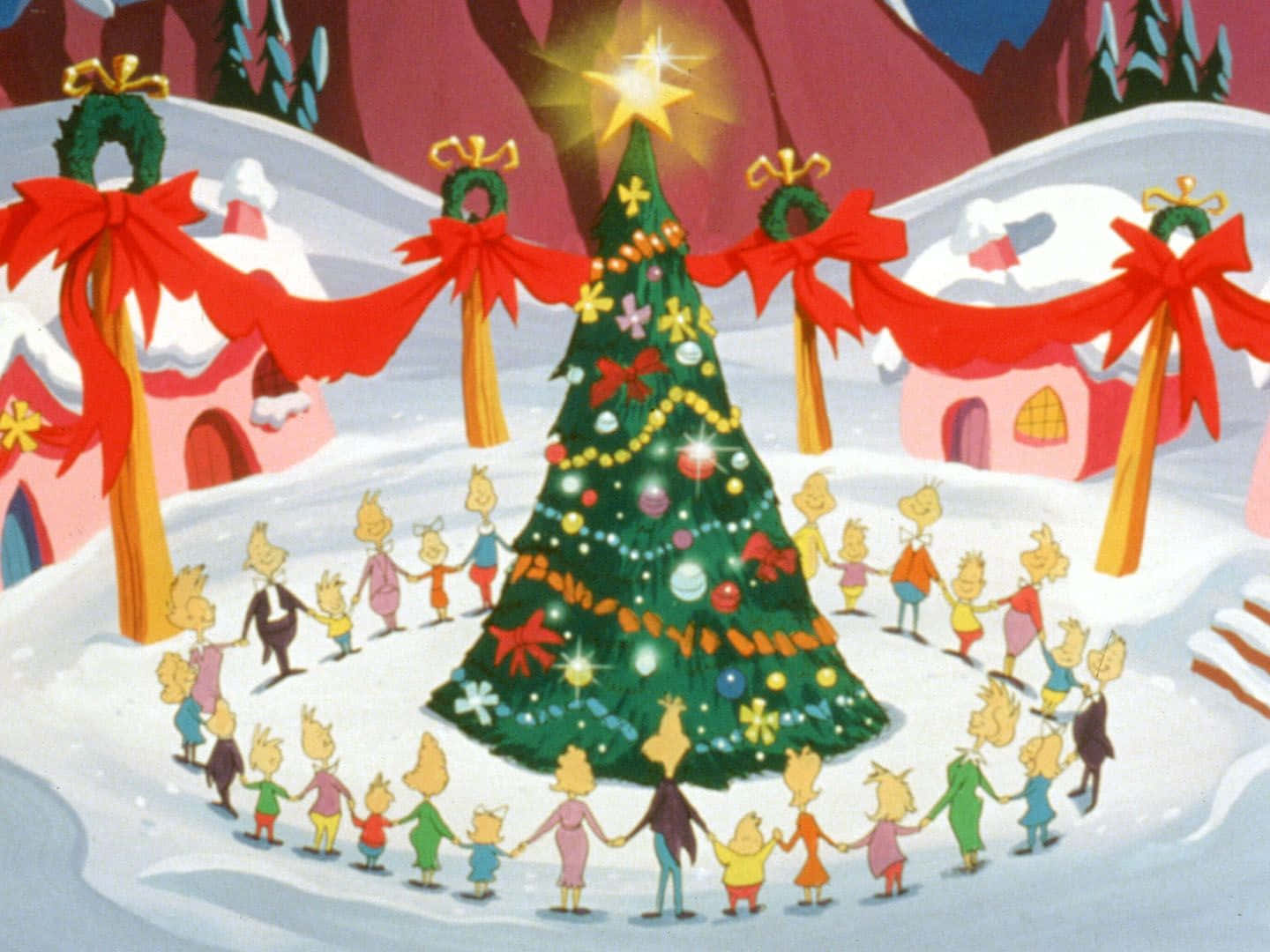 A Cartoon Christmas Tree With People Around It Background