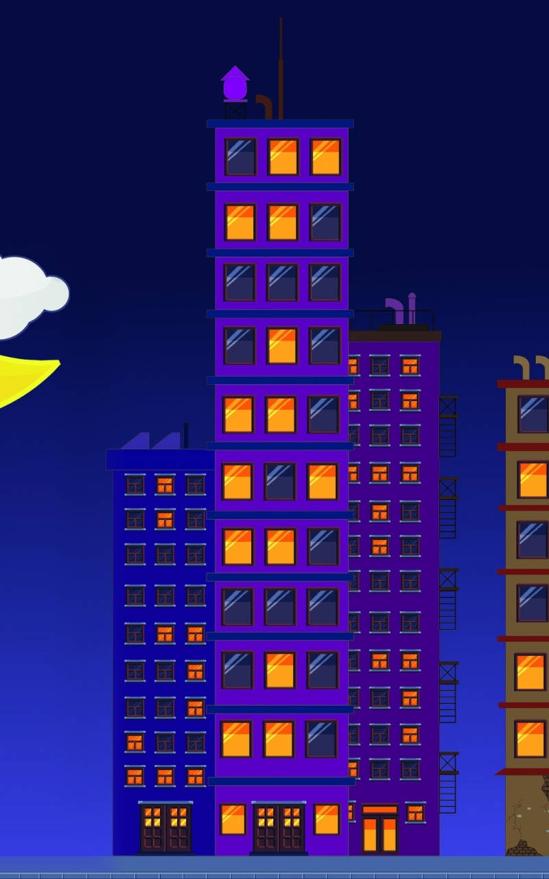 A Cartoon City With A Moon And Buildings Background