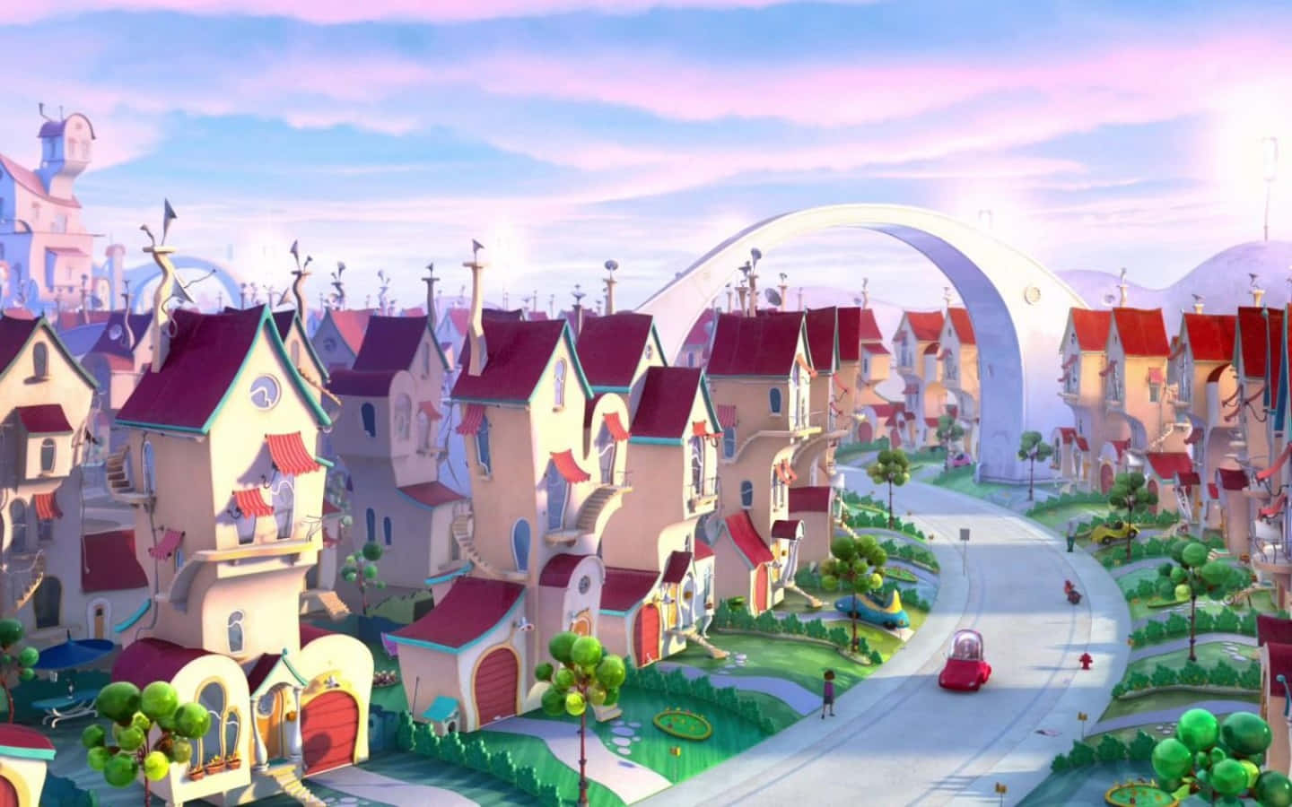 A Cartoon City With Many Houses And A Bridge
