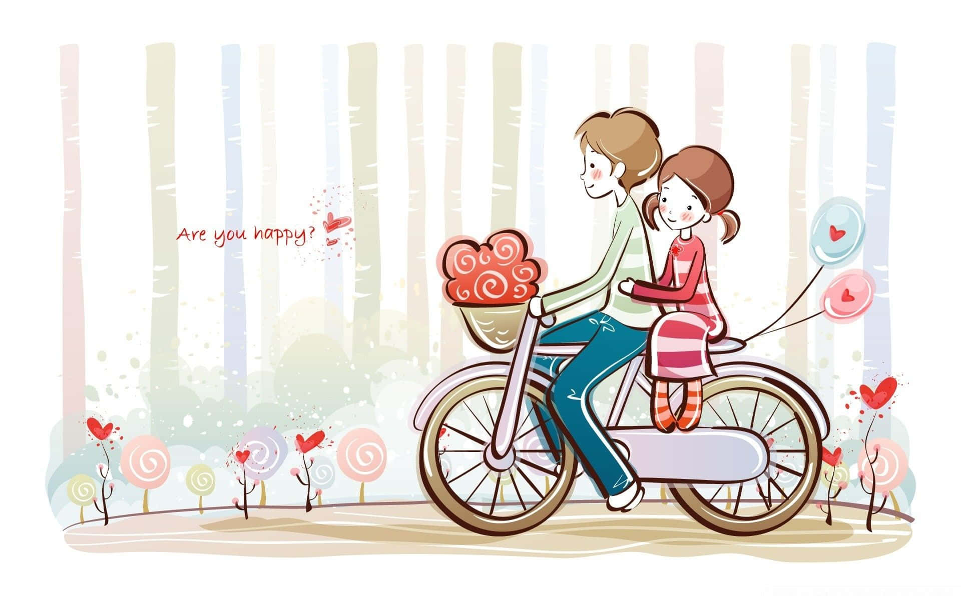 A Cartoon Couple Riding A Bicycle With Hearts Background