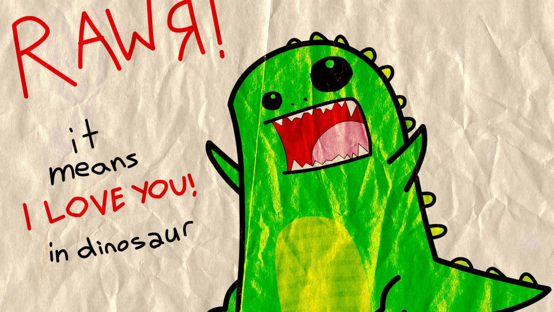 A Cartoon Dinosaur With The Words Raww It Means I Love You In Dinosaur Background