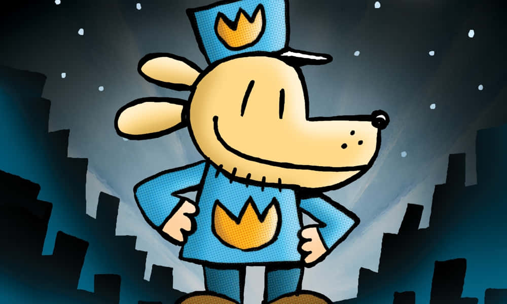A Cartoon Dog In A Blue Hat Standing In Front Of A City Background