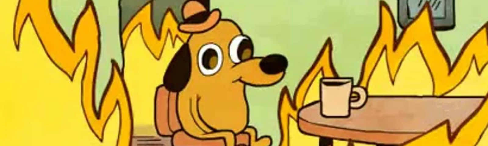 A Cartoon Dog Sitting At A Table With Fire In Front Of Him