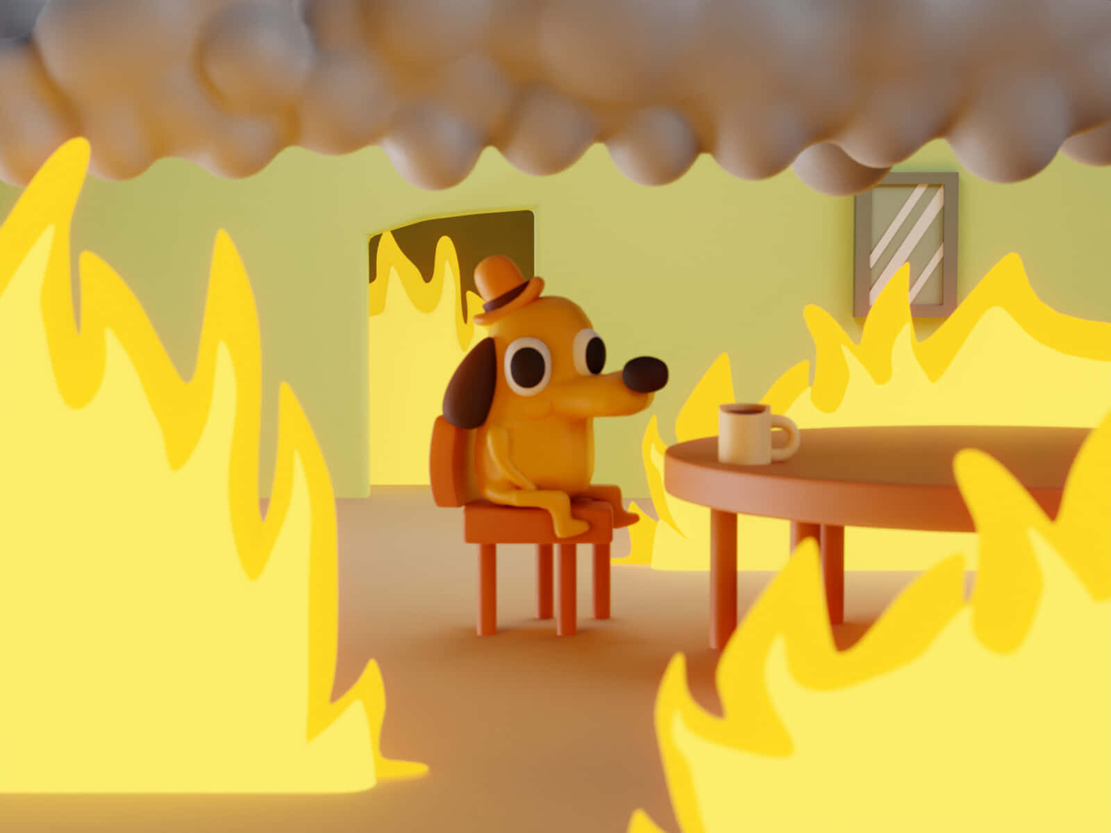 A Cartoon Dog Sitting At A Table With Fire In The Background