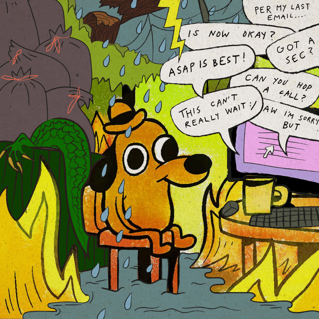 A Cartoon Dog Sitting In Front Of A Fire Background