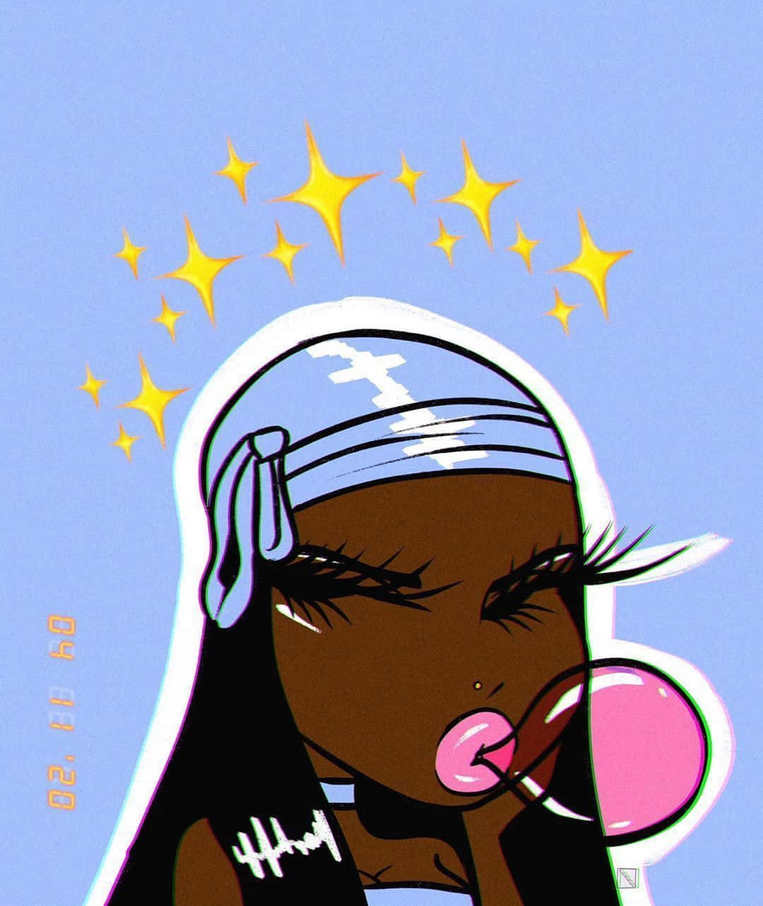 A Cartoon Girl Blowing Bubbles With Stars Background