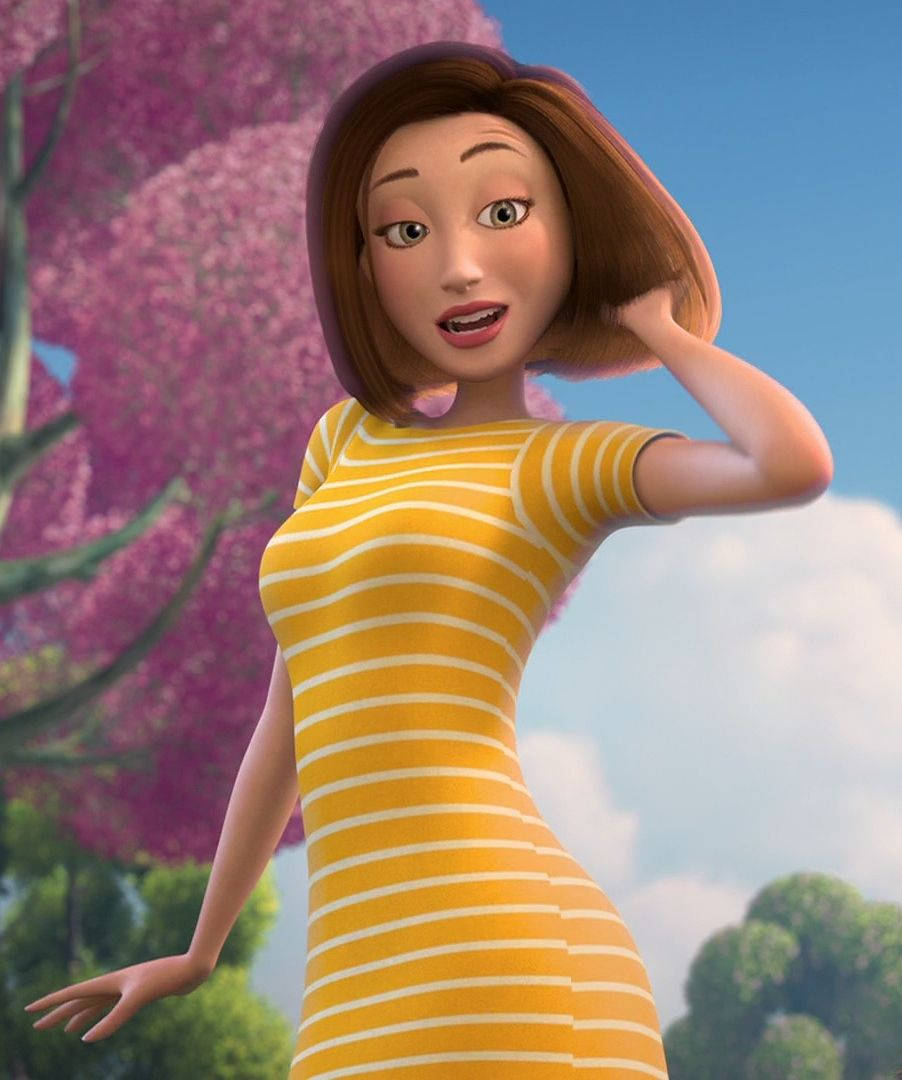 A Cartoon Girl In A Yellow Dress Standing In Front Of A Tree Background