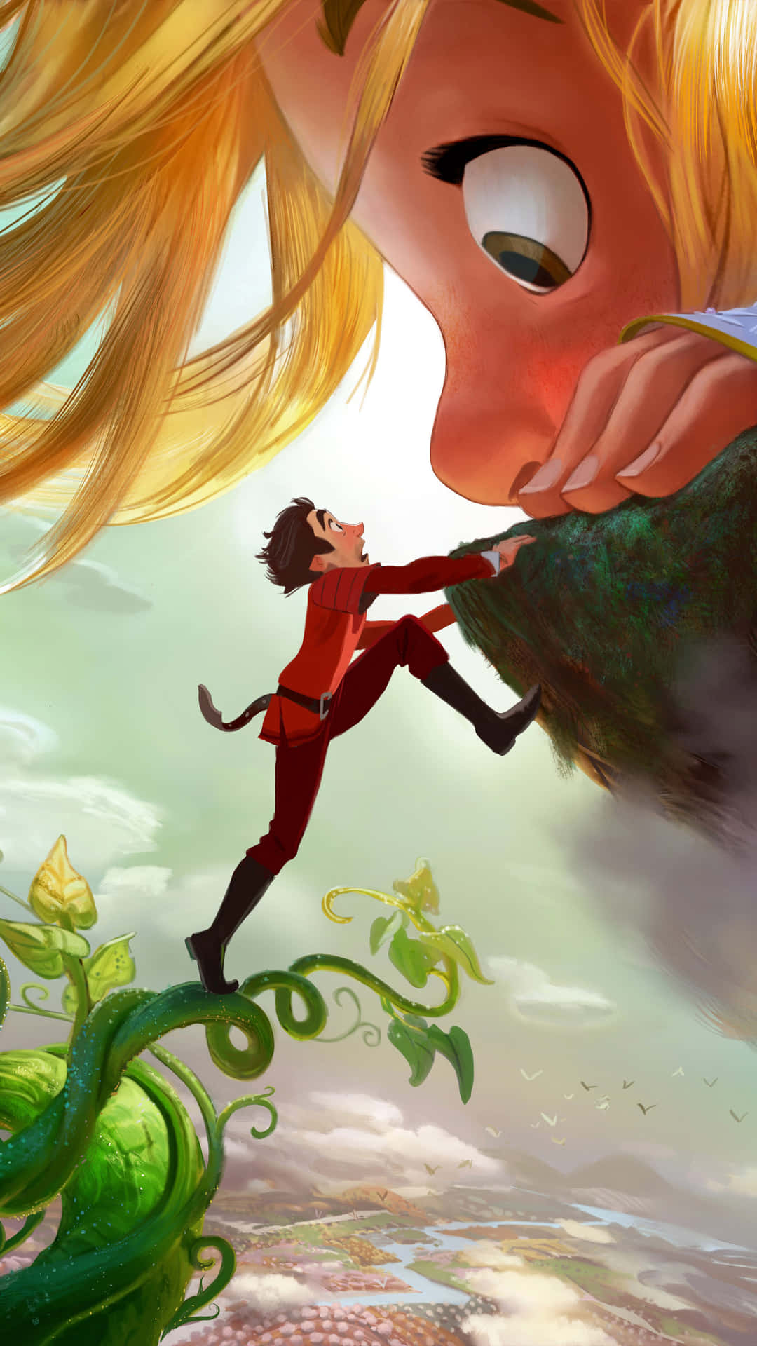 A Cartoon Girl Is Climbing A Giant Plant
