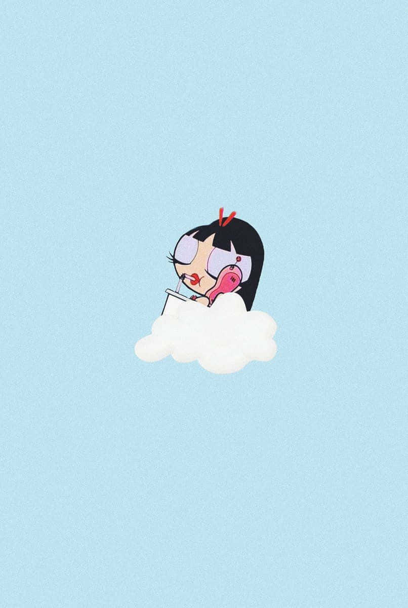 A Cartoon Girl Sitting On A Cloud Background