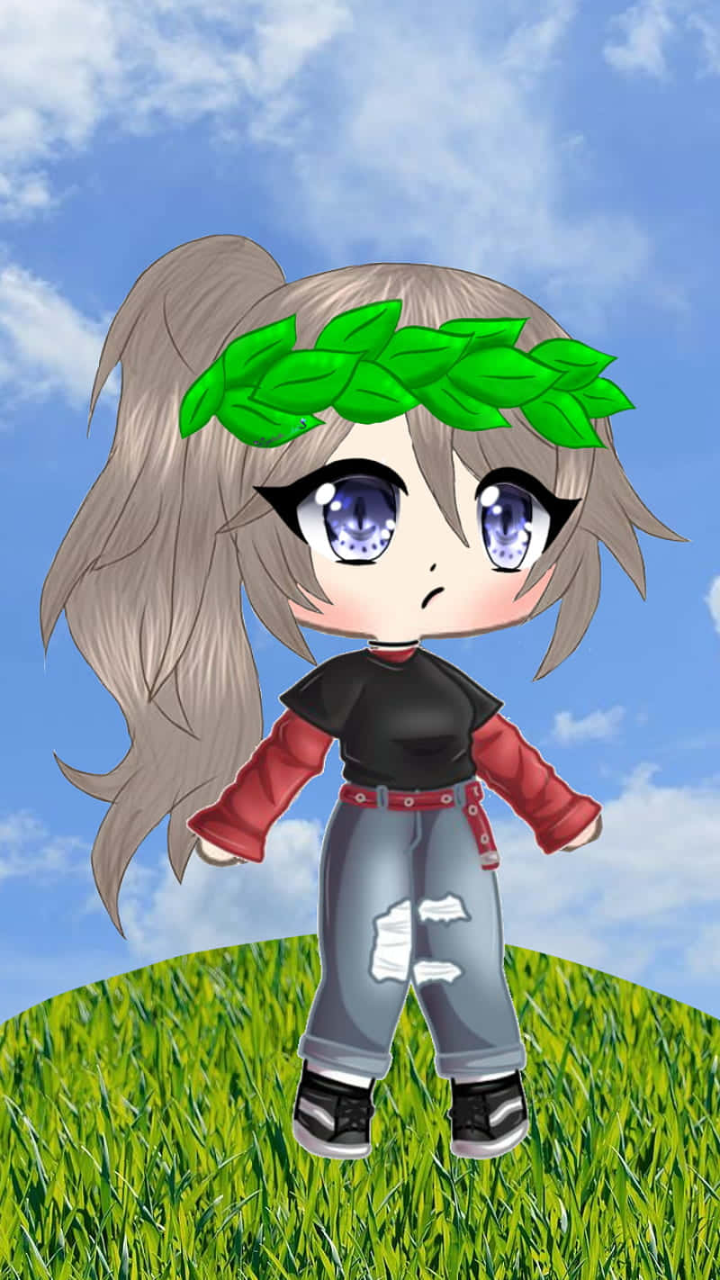 A Cartoon Girl With Green Hair And Jeans Standing In A Field Background