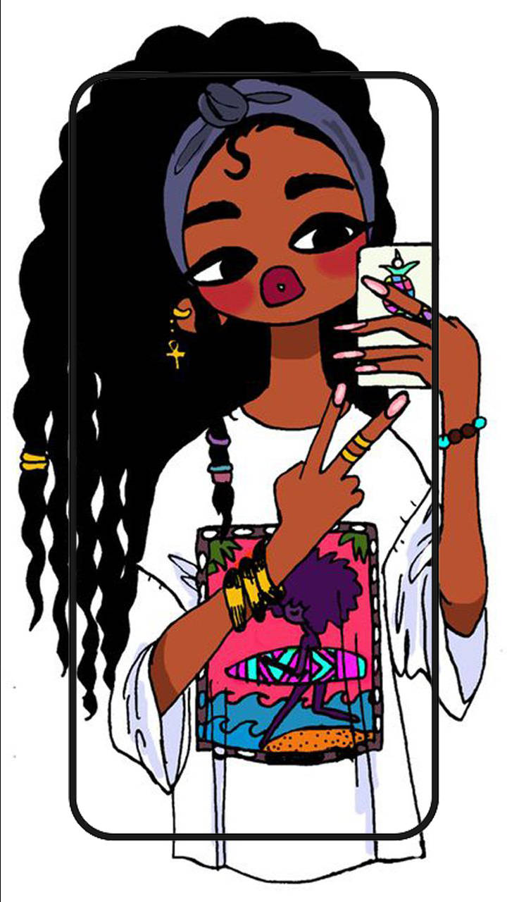 A Cartoon Girl With Long Hair Holding A Cell Phone Background