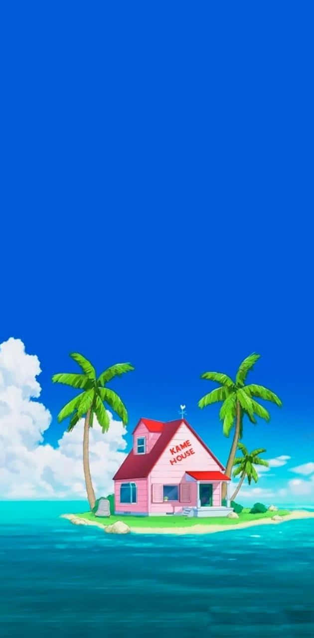 A Cartoon House On An Island With Palm Trees