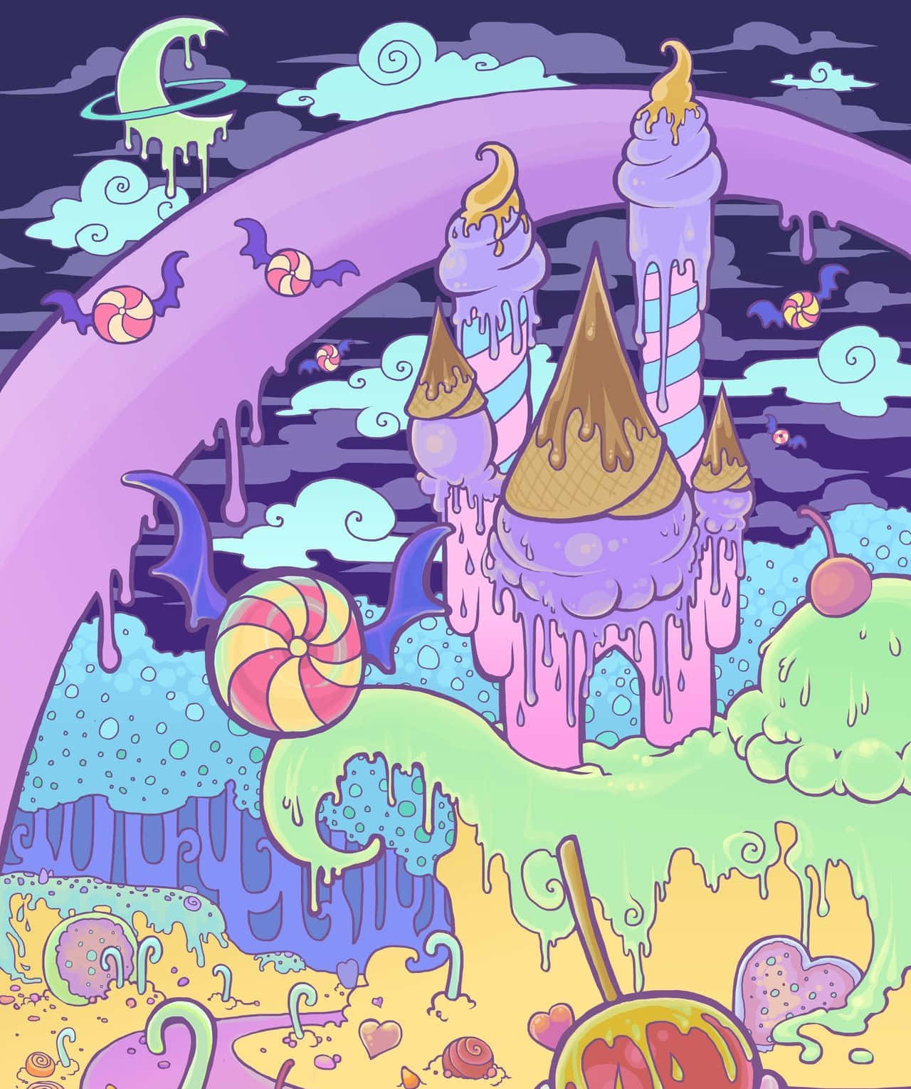 A Cartoon Illustration Of A Castle With Candy And Ice Cream Background