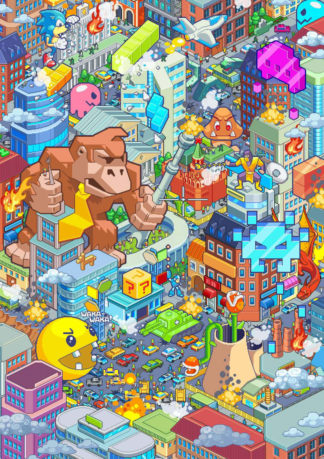 A Cartoon Illustration Of A City With Many Different Characters Background