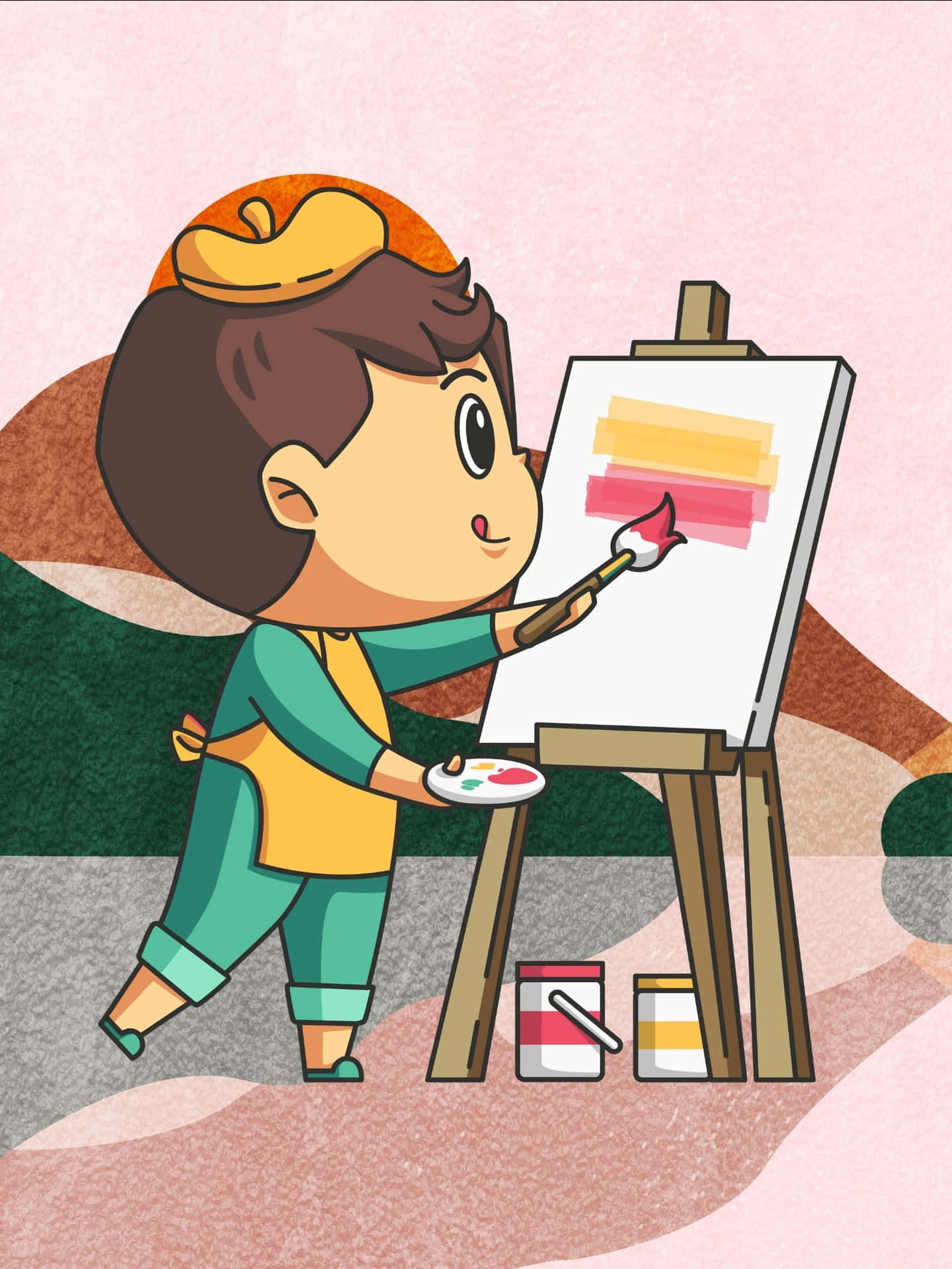 A Cartoon Illustration Of A Girl Painting On An Easel Background