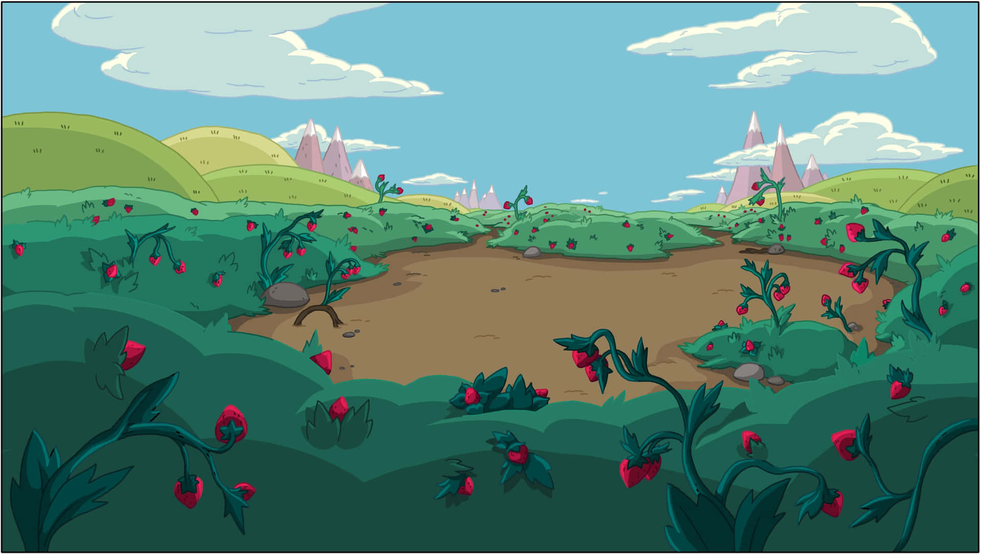 A Cartoon Landscape With A Lot Of Flowers Background
