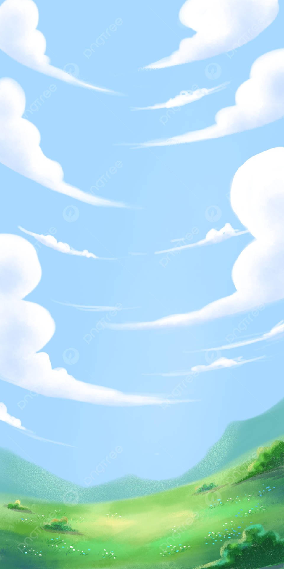 A Cartoon Landscape With Clouds And Grass Background