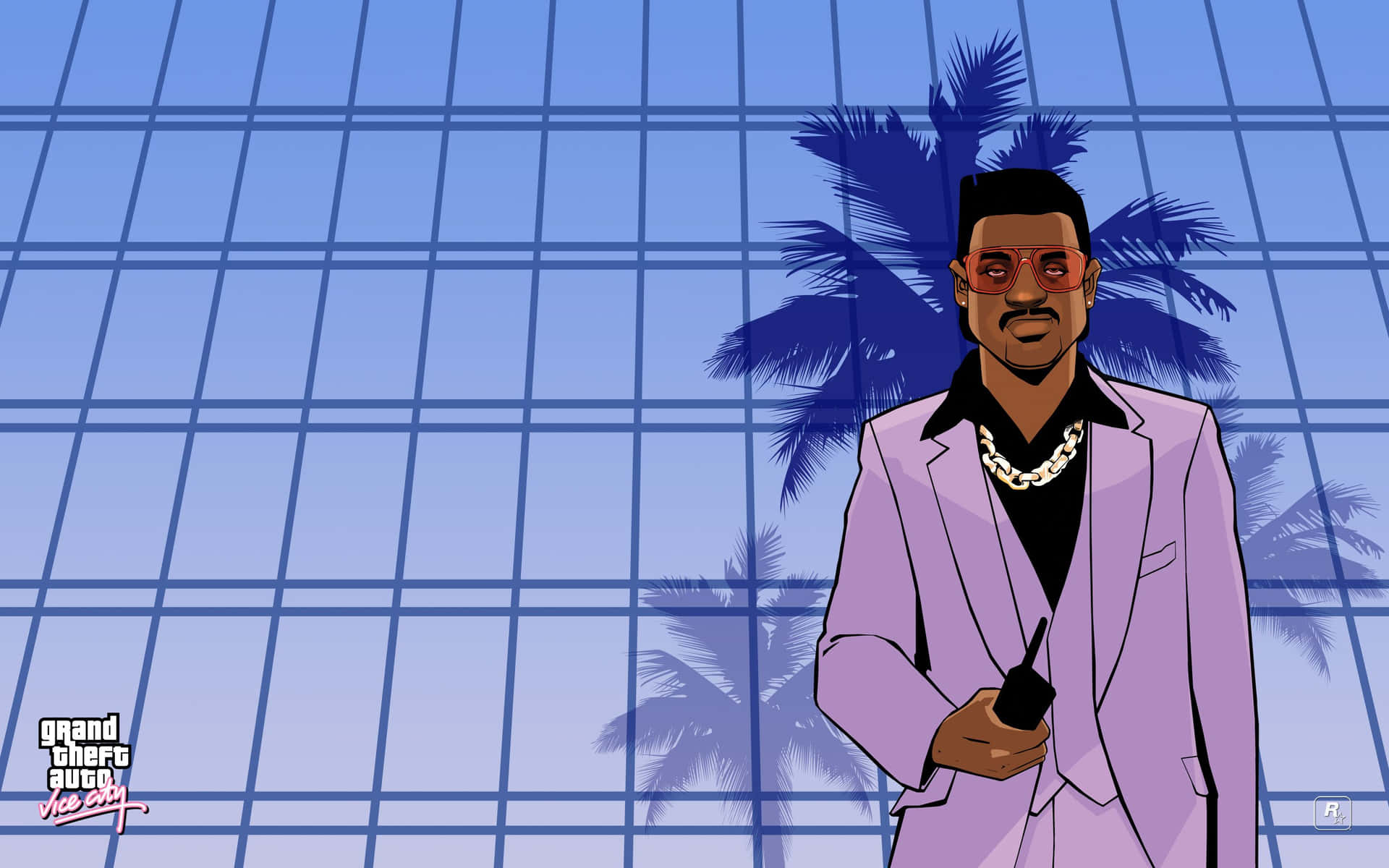 A Cartoon Man In A Suit Standing In Front Of Palm Trees Background