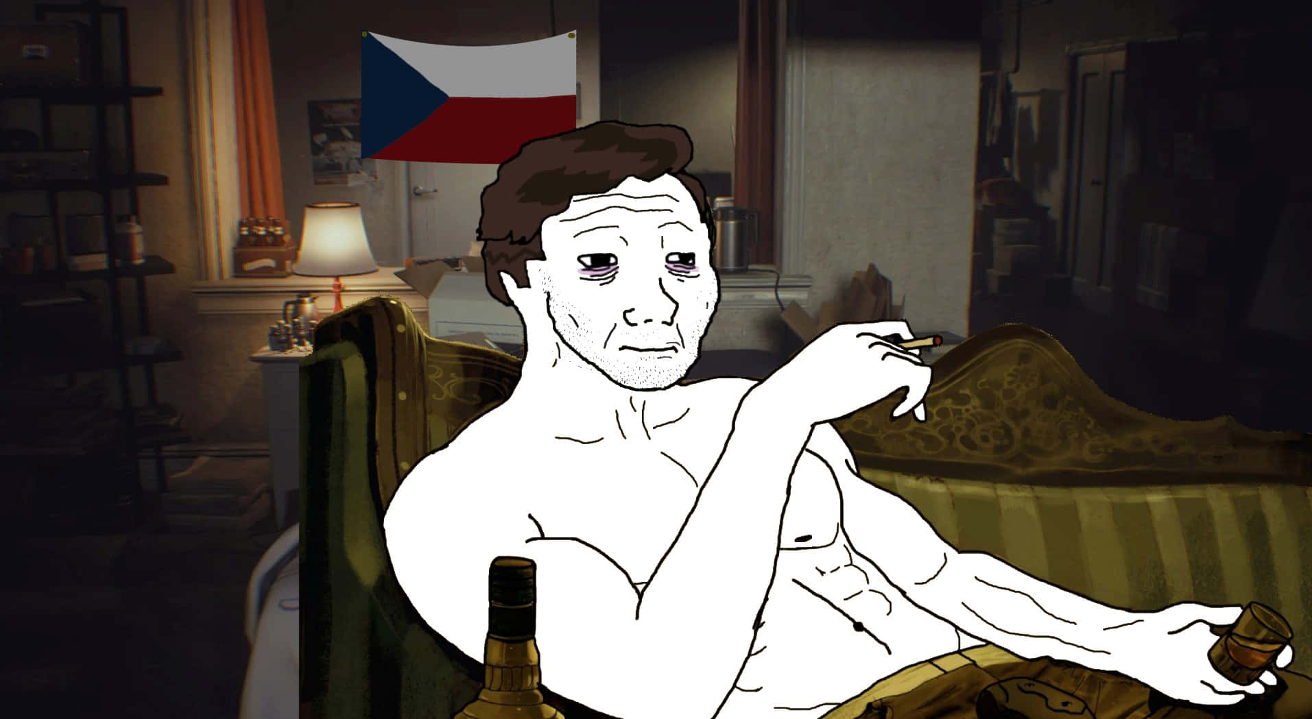 A Cartoon Man Sitting On A Couch With A Bottle Of Wine Background