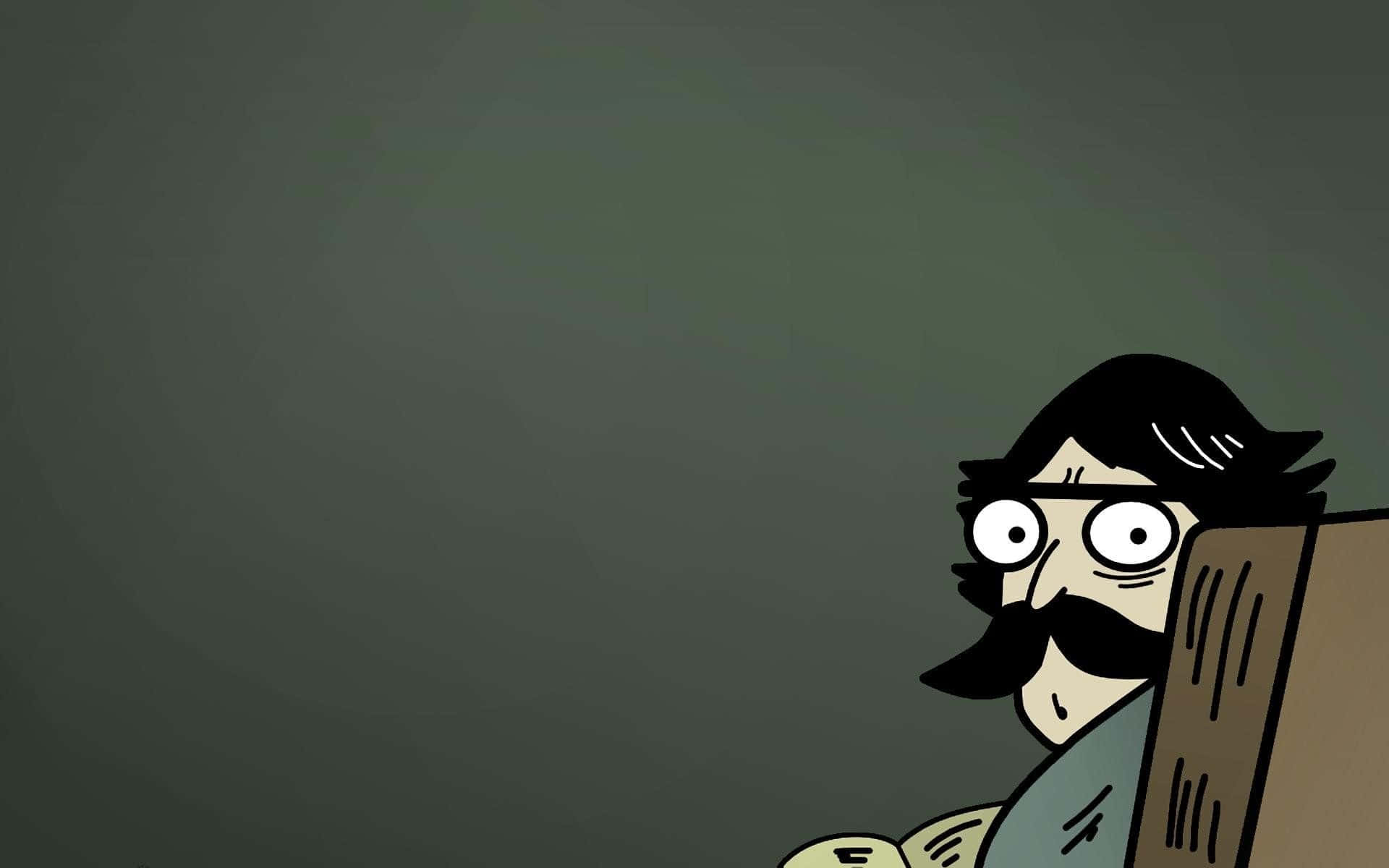 A Cartoon Man With A Mustache And Glasses Sitting In Front Of A Blackboard Background