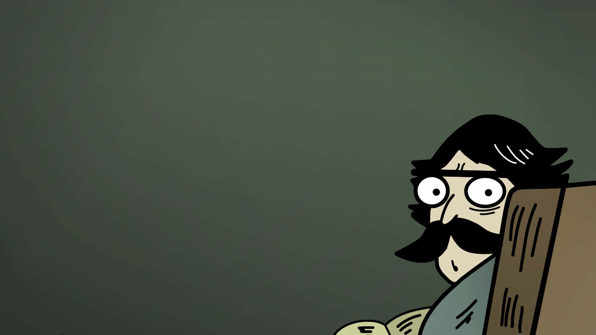 A Cartoon Man With A Mustache And Glasses Sitting In Front Of A Dark Room Background