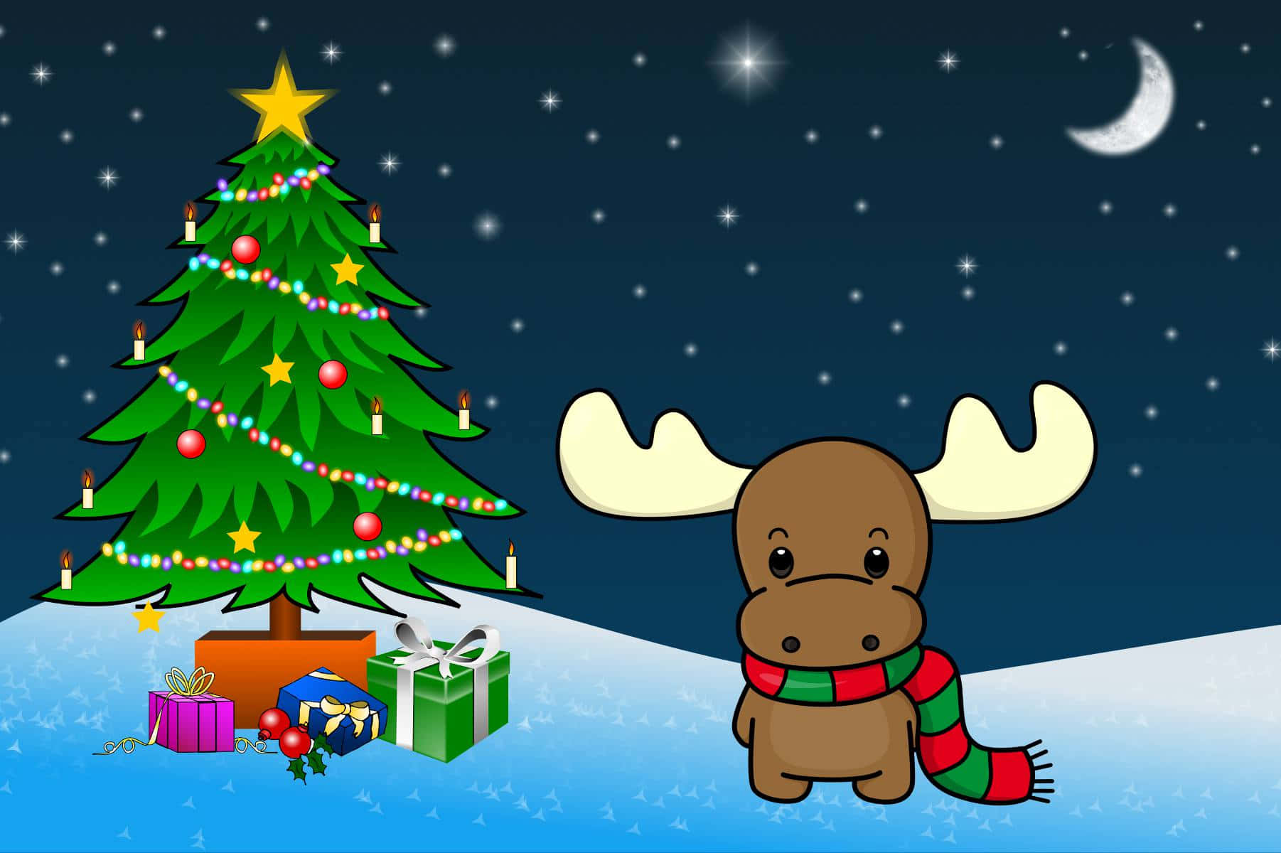 A Cartoon Moose Is Standing Next To A Christmas Tree Background