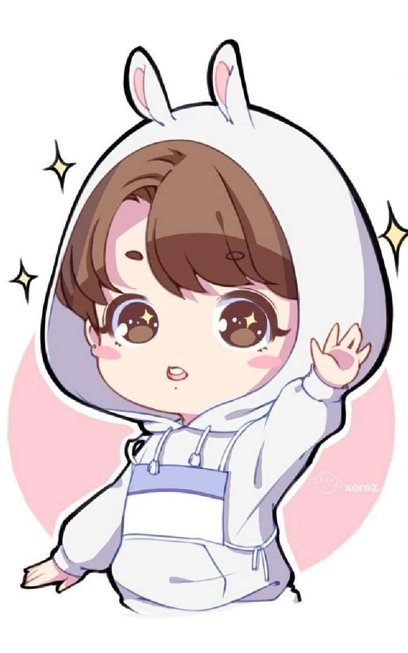 A Cartoon Of A Boy In A Bunny Hoodie Waving Background