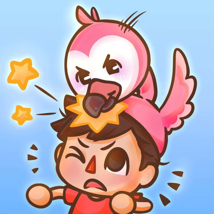 A Cartoon Of A Boy With A Pink Bird On His Head Background